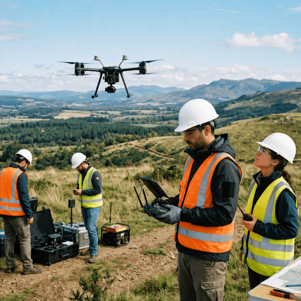 equipe em campo com drone